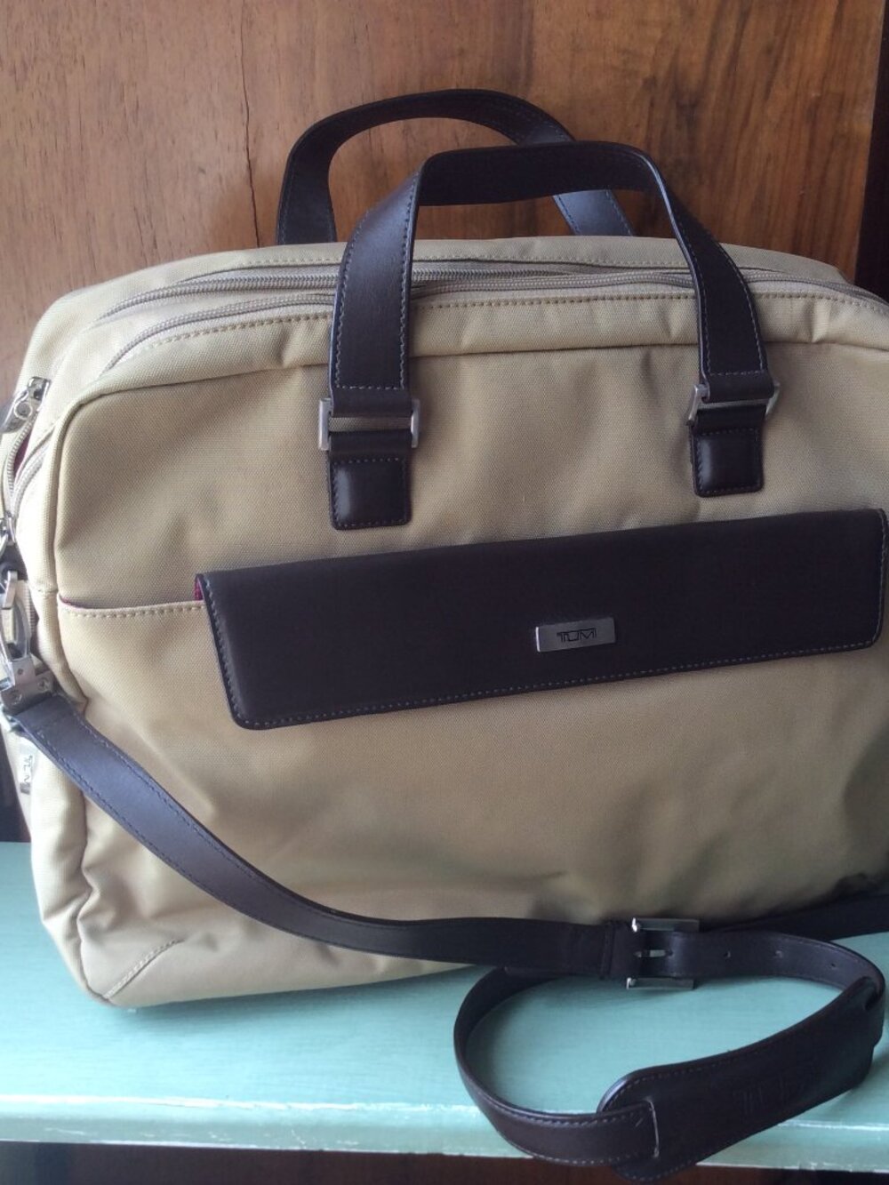 TUMI Laptop Bag, Tan Nylon Body with Brown Leather Trim